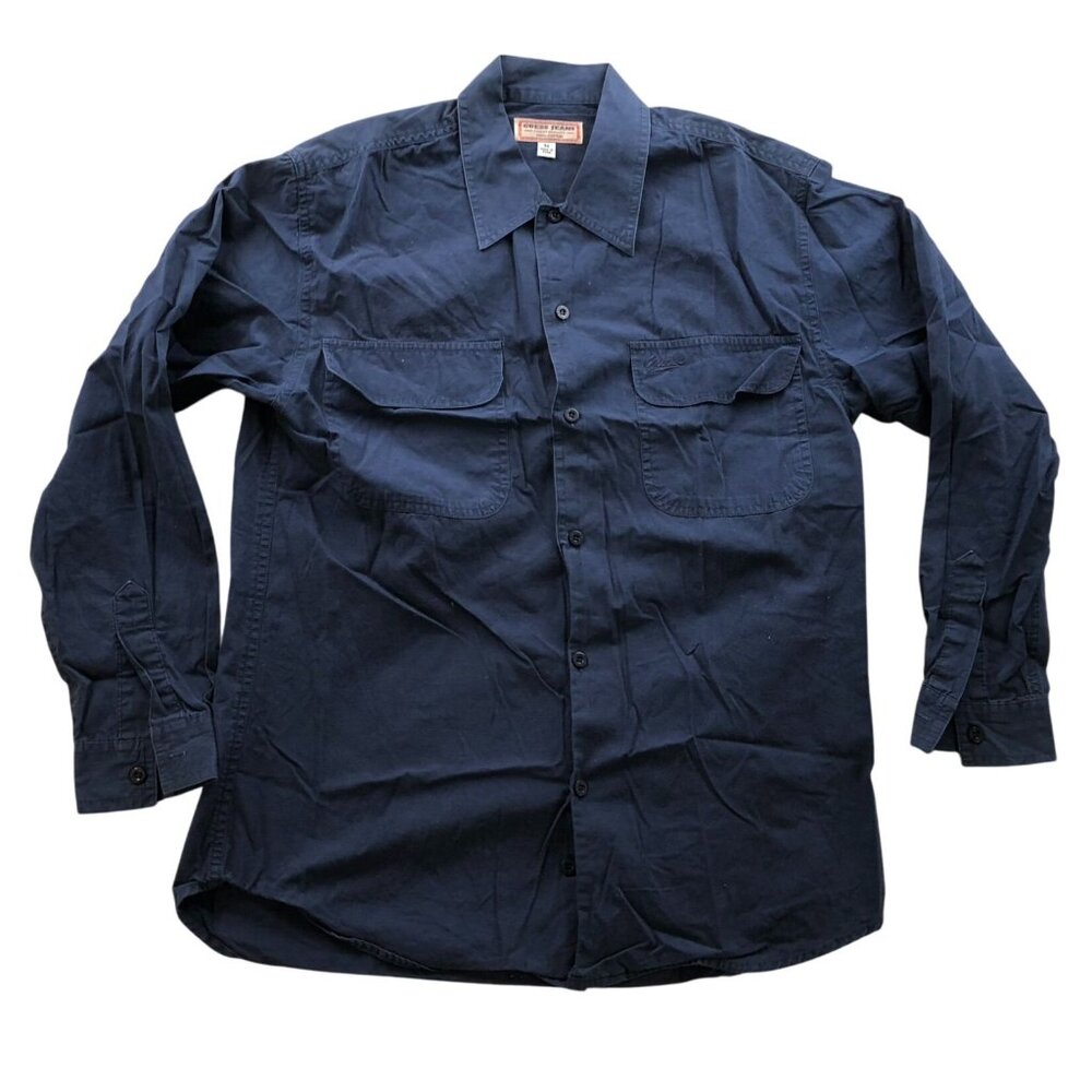 Vintage Guess Jeans Mens Shirt Medium Long Sleeve Button Up Casual Classic Blue